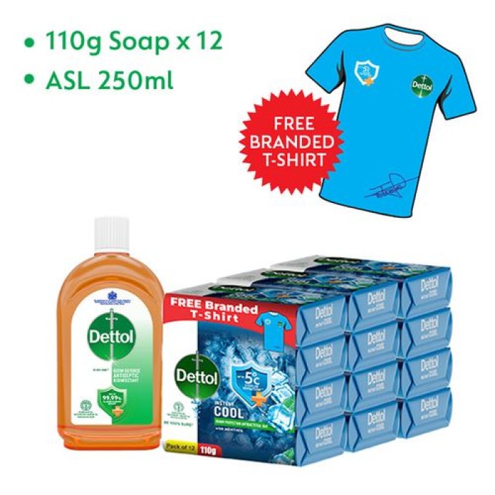 Dettol Antibacterial Bathing Soap - Instant Cool - 105g - Pack of 12 and Antiseptic Liquid Disinfectant 250ml + Free Branded Tshirt - Image 1